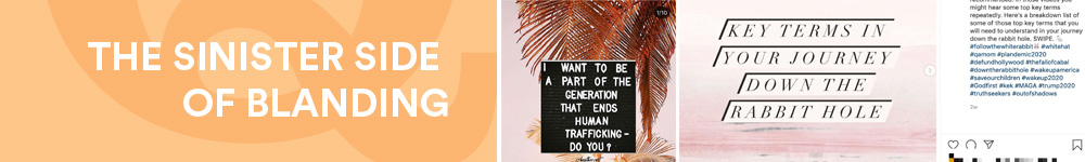 Collage of different quotes, and text: "THE SINISTER SIDE OF BLANDING" superimposed on an orange background