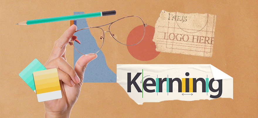 Images of a pencil, a piece of paper with the word "Kerning" written on it, and a person's hand holding a pair of glasses on a brown background