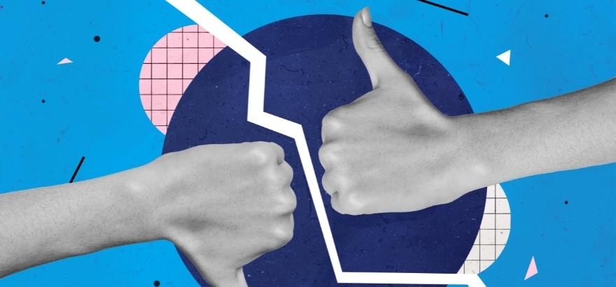 Thumbs-up and thumbs-down gestures on isolated blue painting background which signifies positive and negative brand reputation management