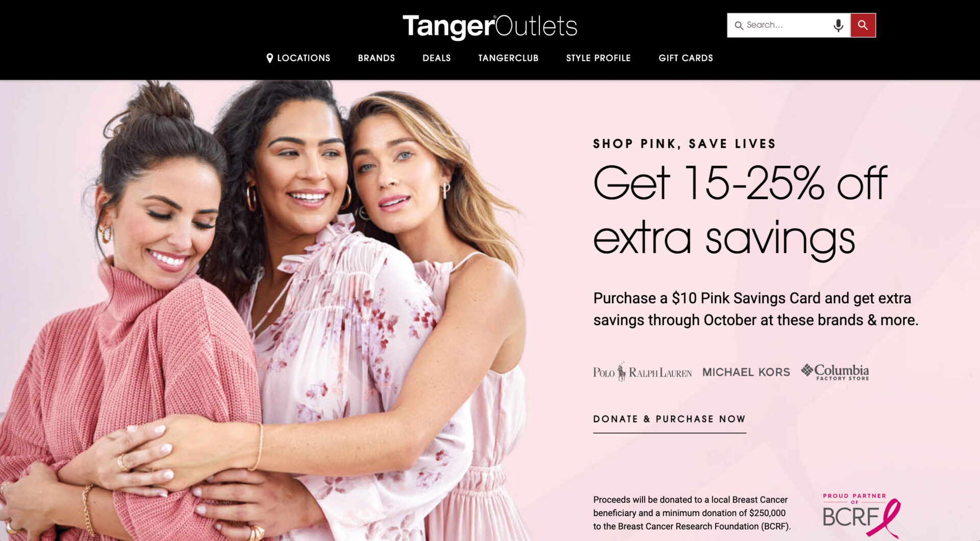 Homepage of Tanger Outlets—one of the famous luxury real estate brands