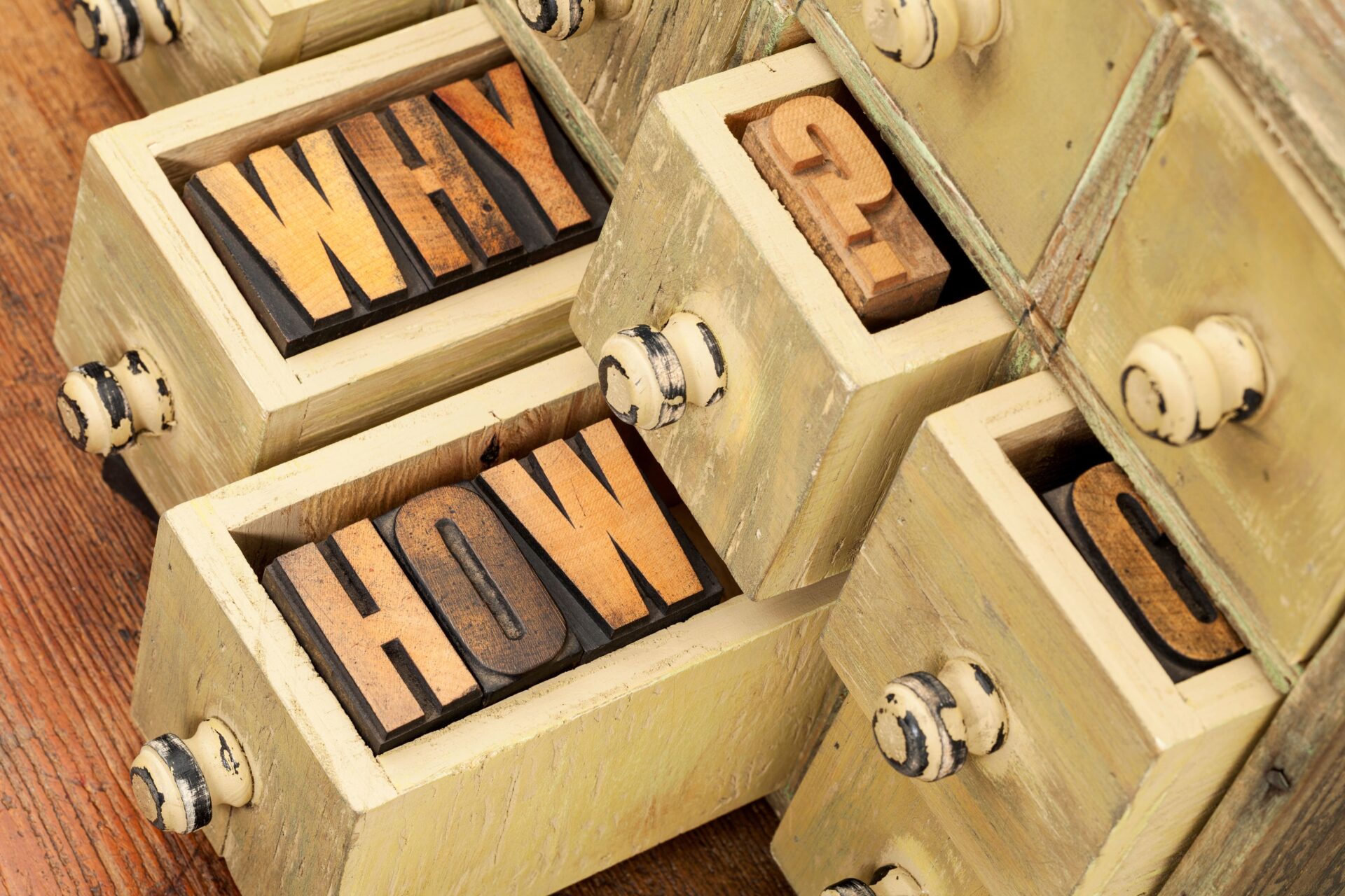 Vintage letterpress wood type WHY and HOW brand questions in a cabinet