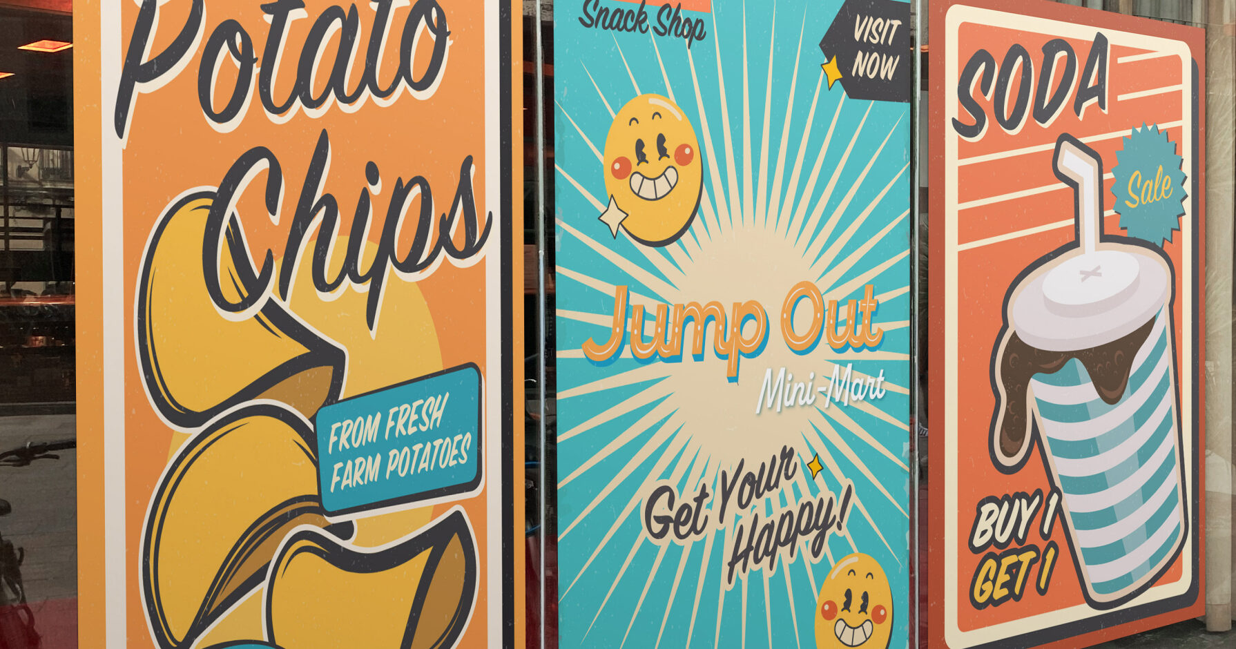 Branding for Jumpout mini mart drive through. Advertising Posters