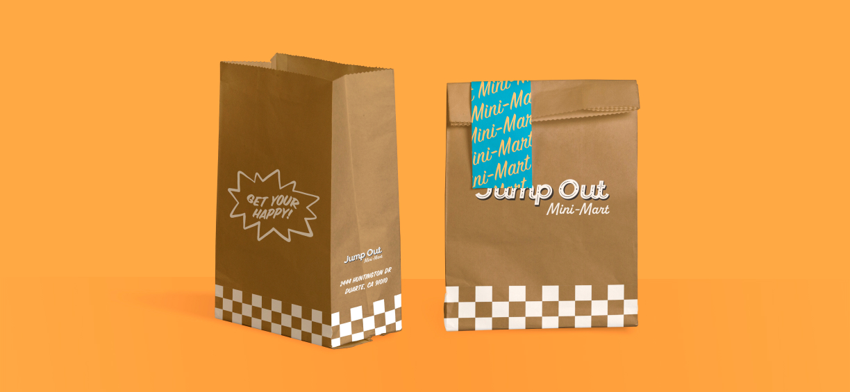 Branding for Jumpout mini mart drive through. Paper Bags