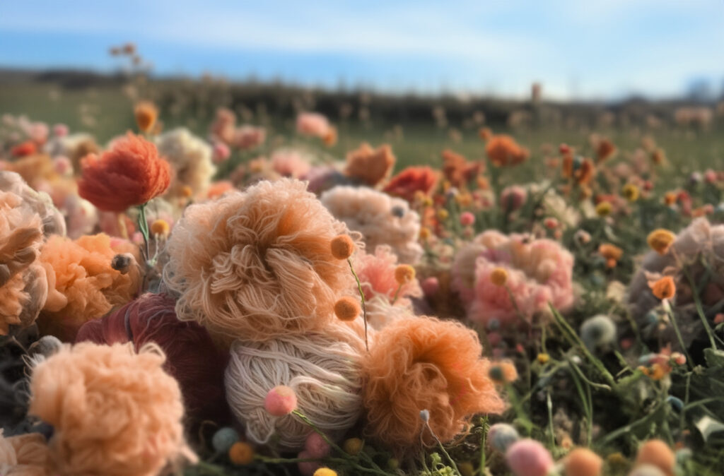 Pantone 2024 color of the year Peach Fuzz yarn in a field
