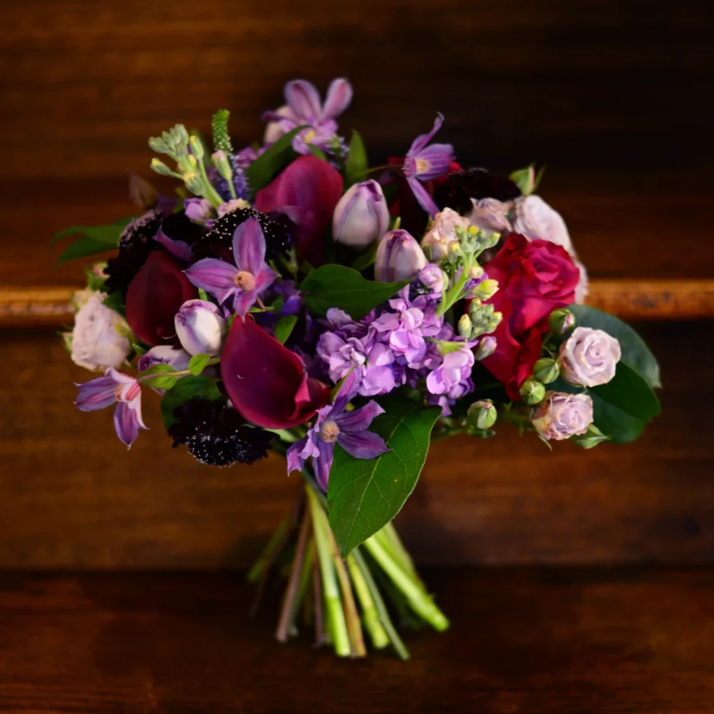 Andrew Parravano bouquet: purple flowers design